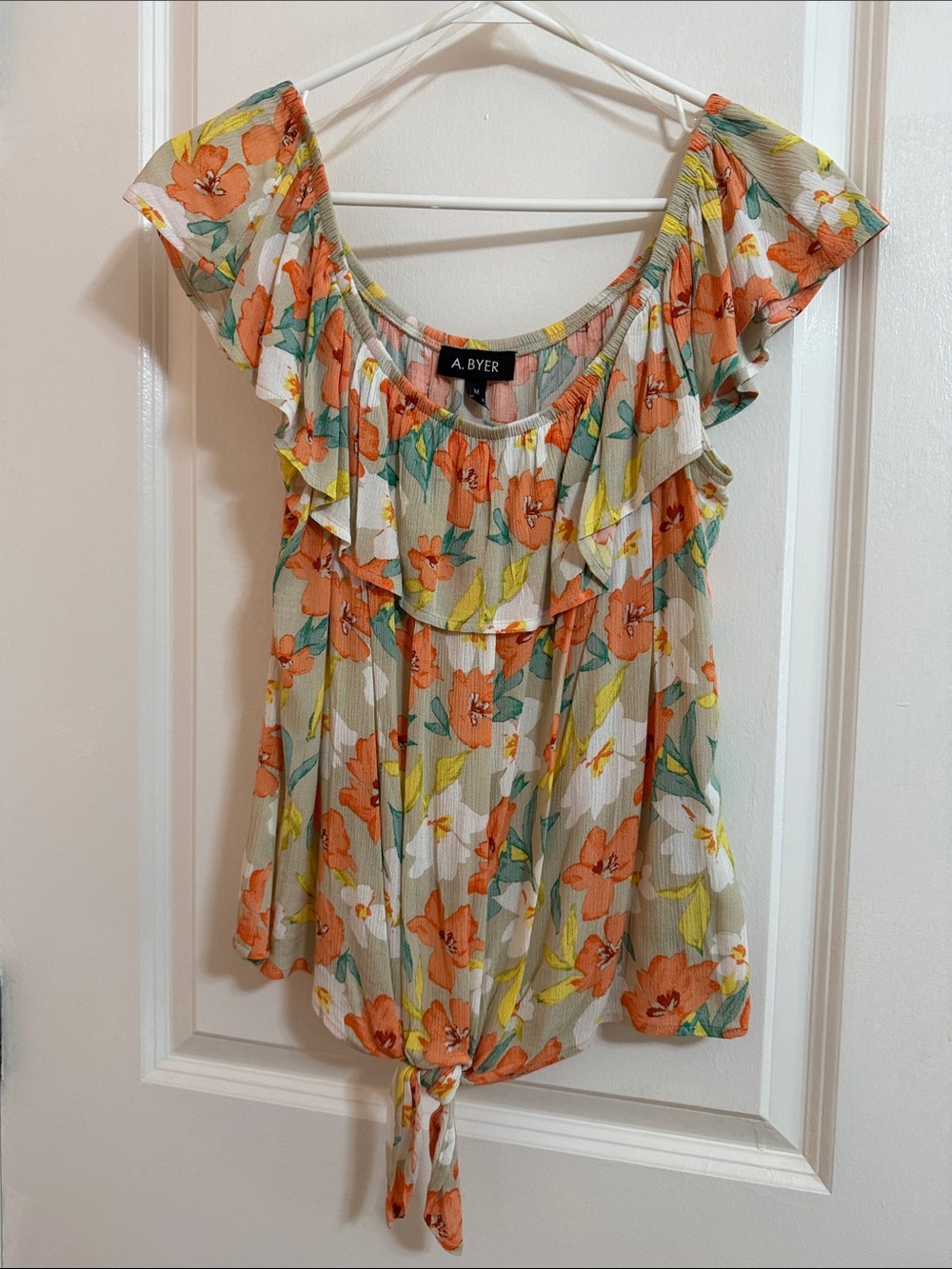 A. Byer Orange Floral Ruffle Tie-Front Blouse